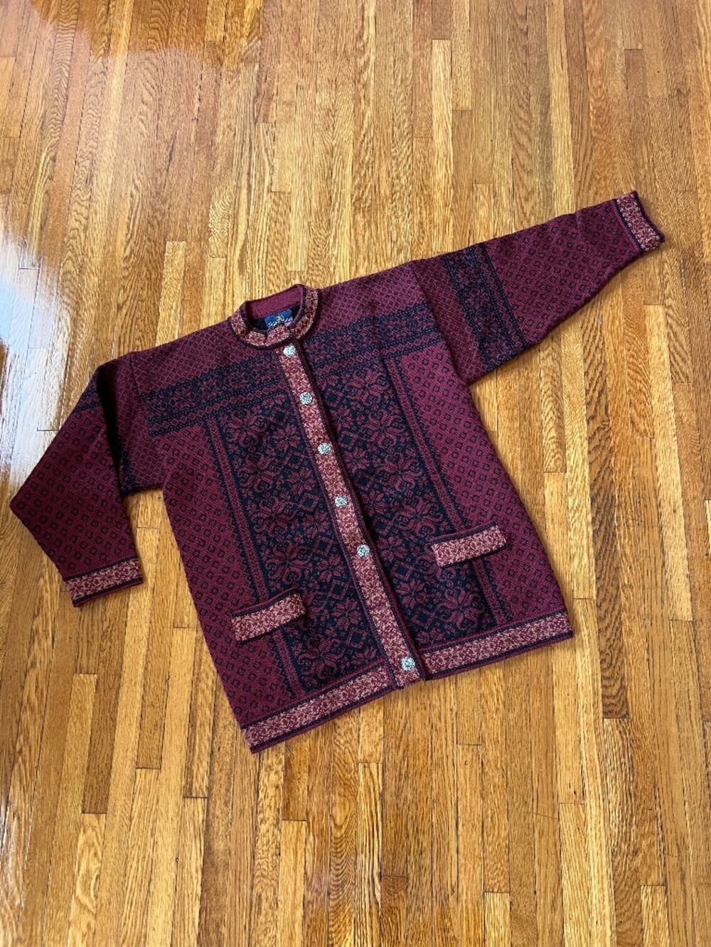 Skjaeveland of Norway Nordic Wool Maroon Metal Button Cardigan Sweater - Medium
